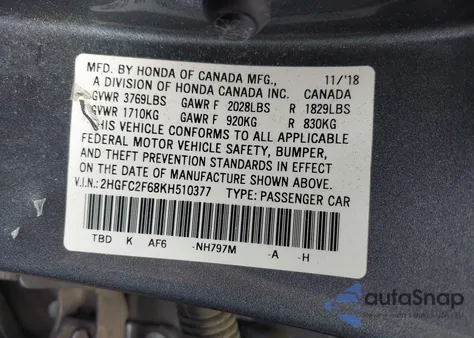 2019 Honda Civic Lx из США, поврежденный, VIN 2HGFC2F68KH510377